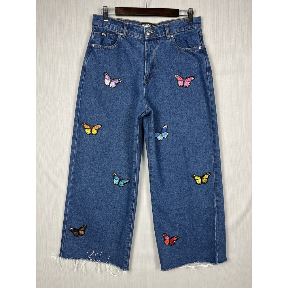 Butterfly Embroidered Wide Leg Minga London Jeans Womens 8 High Rise Y2K Kidcore